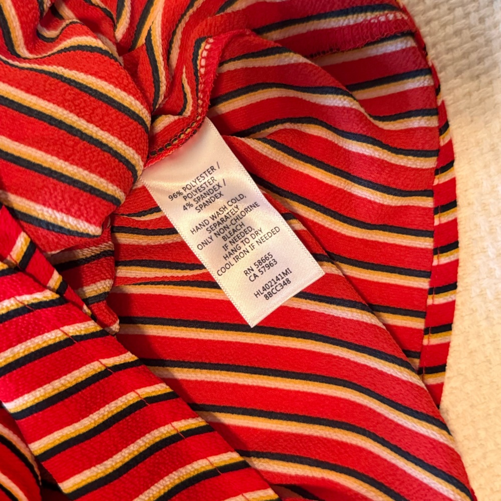 HINGE Striped Wrap Blouse Tie Bow Waist Red & White Stripe Puff Long Sleeve Top - Picture 10 of 16